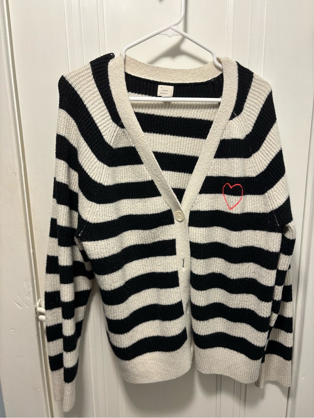 a new day Black & Cream Striped Cardigan with Red Heart